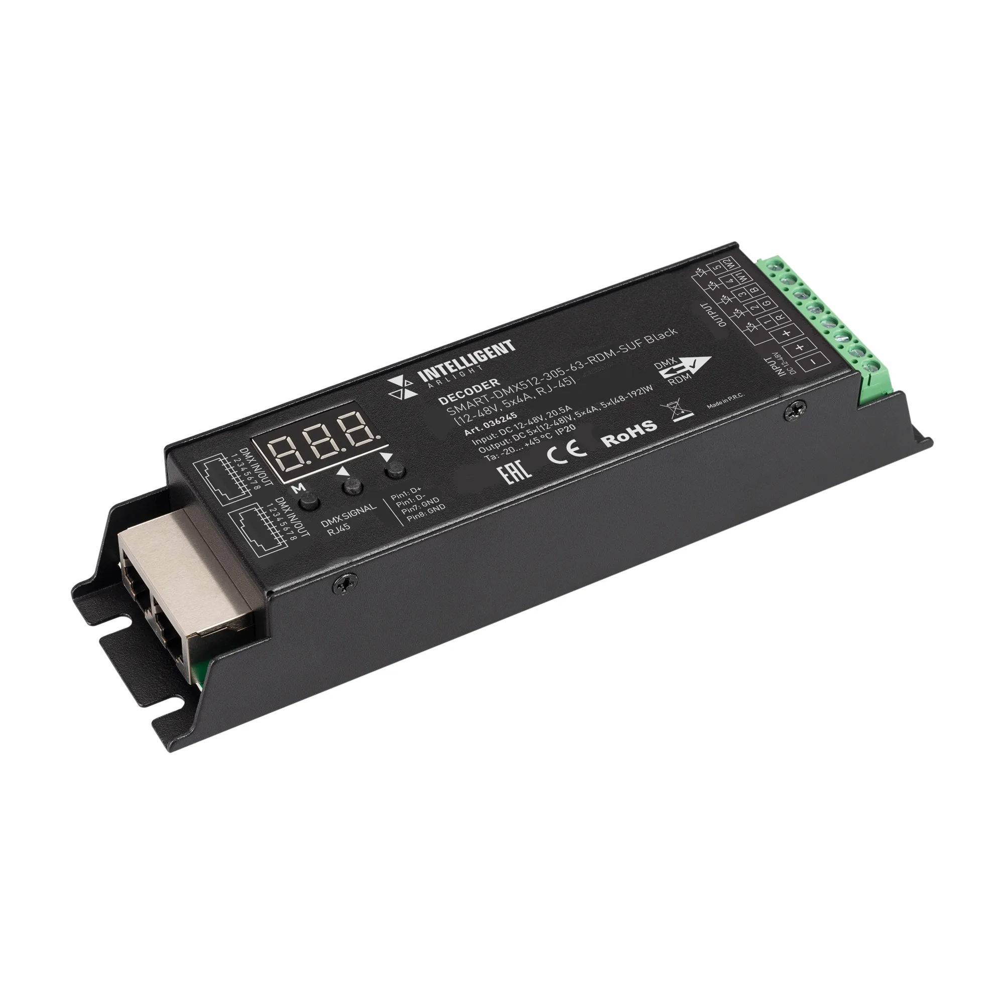 INTELLIGENT ARLIGHT Декодер SMART-DMX512-305-63-RDM-SUF Black (12-48V, 5x4A, RJ-45) (IARL, IP20 Металл, 5 лет) - изображение товара